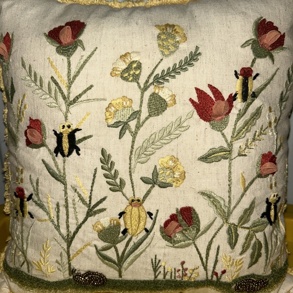 Pier 1 Flower Snail Beaded Embroidered Decorative Throw Pillow 13" Zippered
